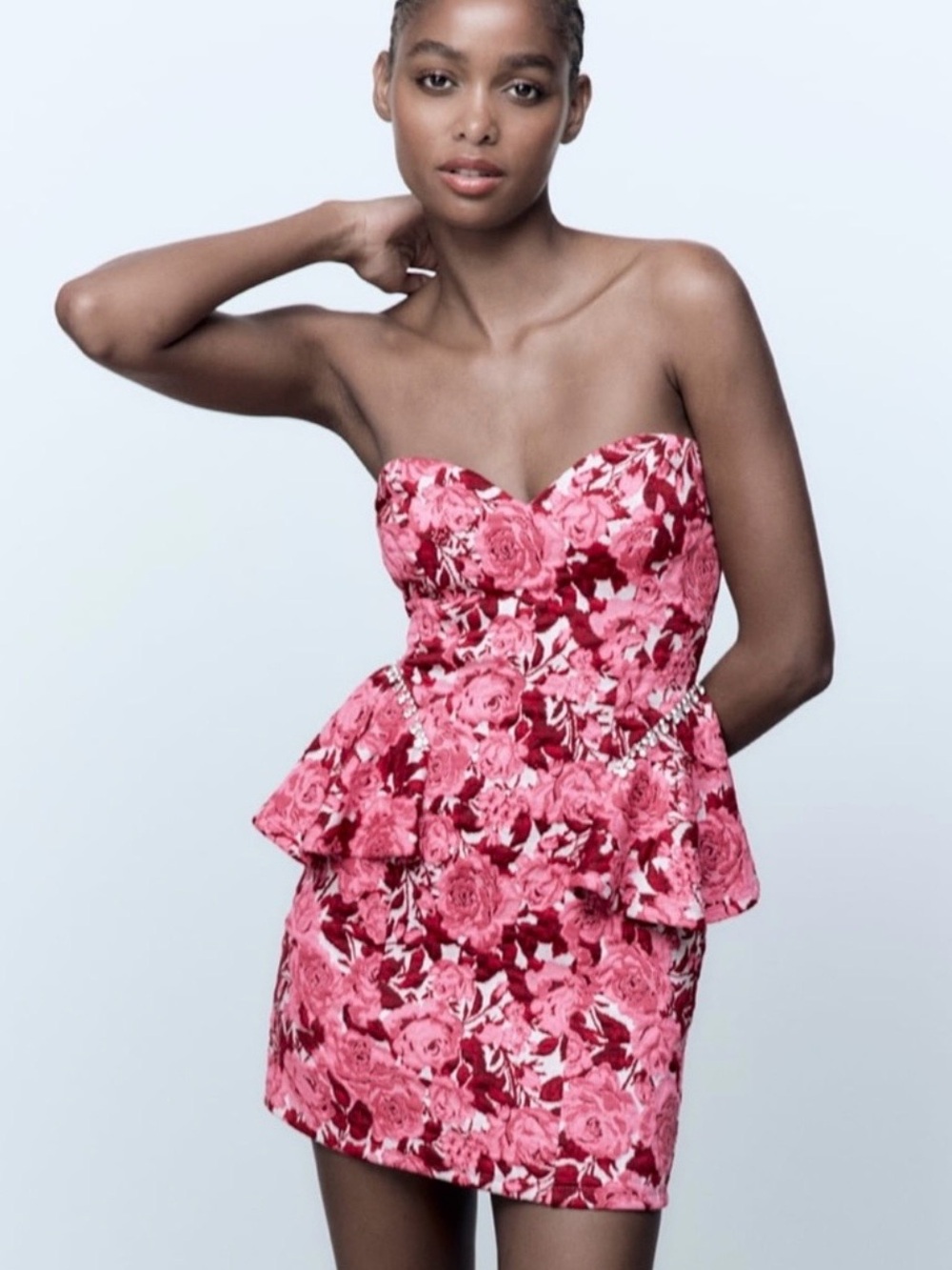 Zara Pink Floral Strapless Jacquard Peplum Mini Dress w/ diamond touch!